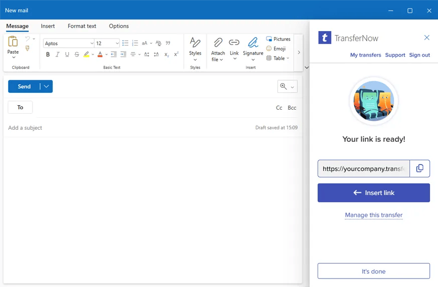 Screenshot of our Outlook add-in when sending your large files is complete and the link is available