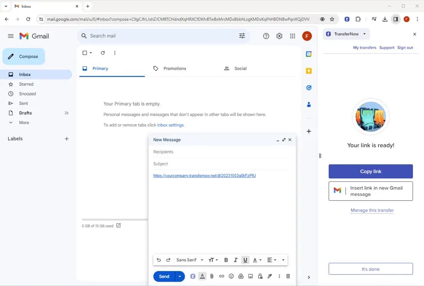 Captura de tela da nossa extensão Chrome quando o envio dos seus arquivos grandes foi concluído e o link está disponível