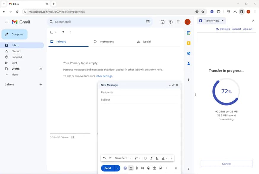 Captura de tela da nossa extensão Chrome para Gmail quando o formulário foi validado e o upload está em andamento