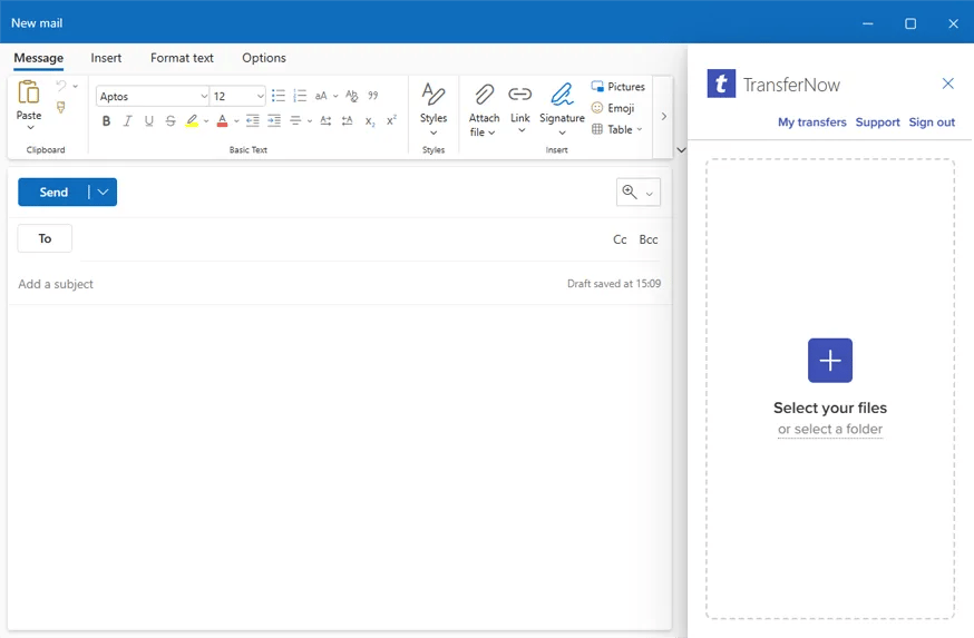 Captura de tela do nosso complemento para Outlook para selecionar e compartilhar arquivos