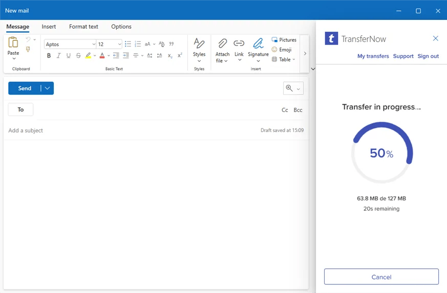 Captura de tela do nosso complemento para Outlook quando o formulário foi validado e o upload está em andamento