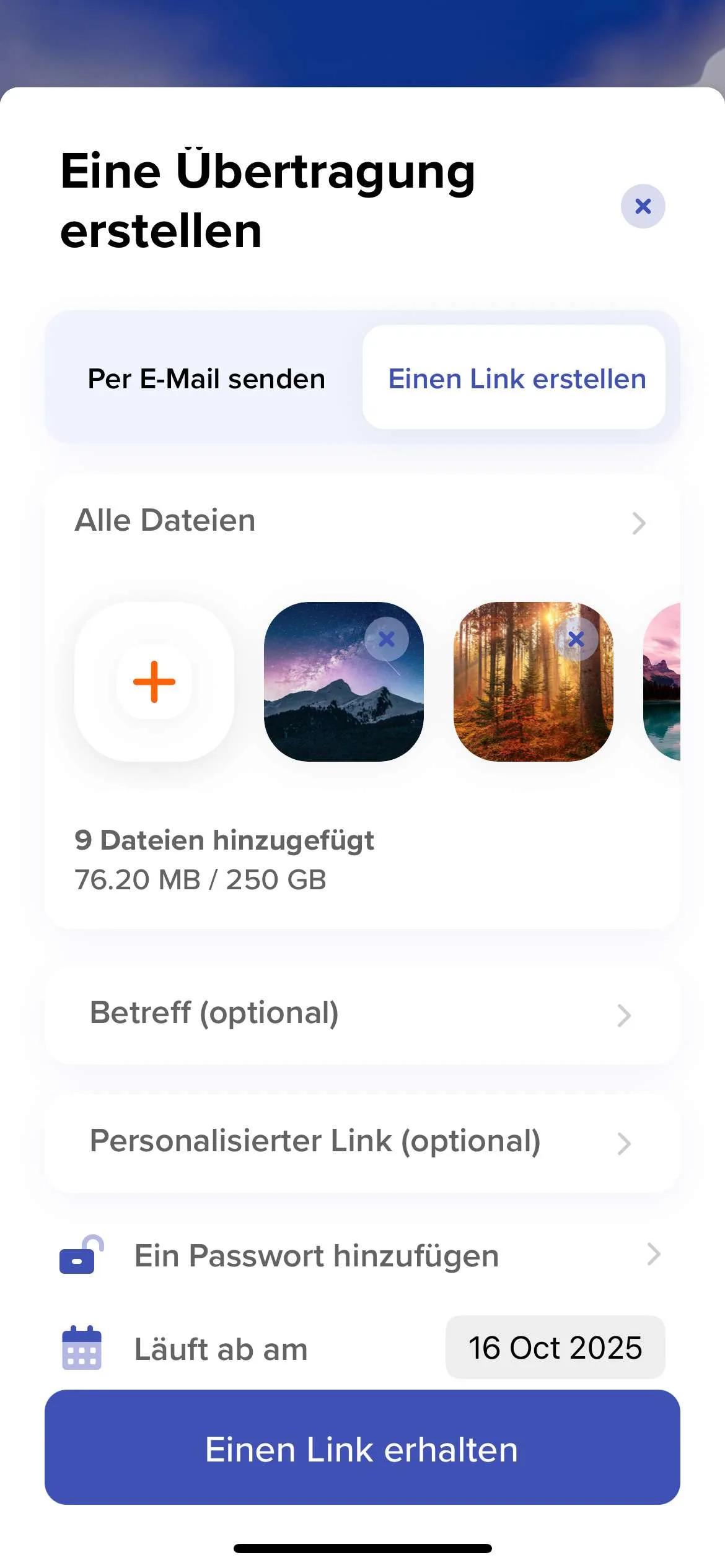 Screenshot unserer iOS-App zum Erstellen einer Übertragung per E-Mail oder über einen sicheren Link