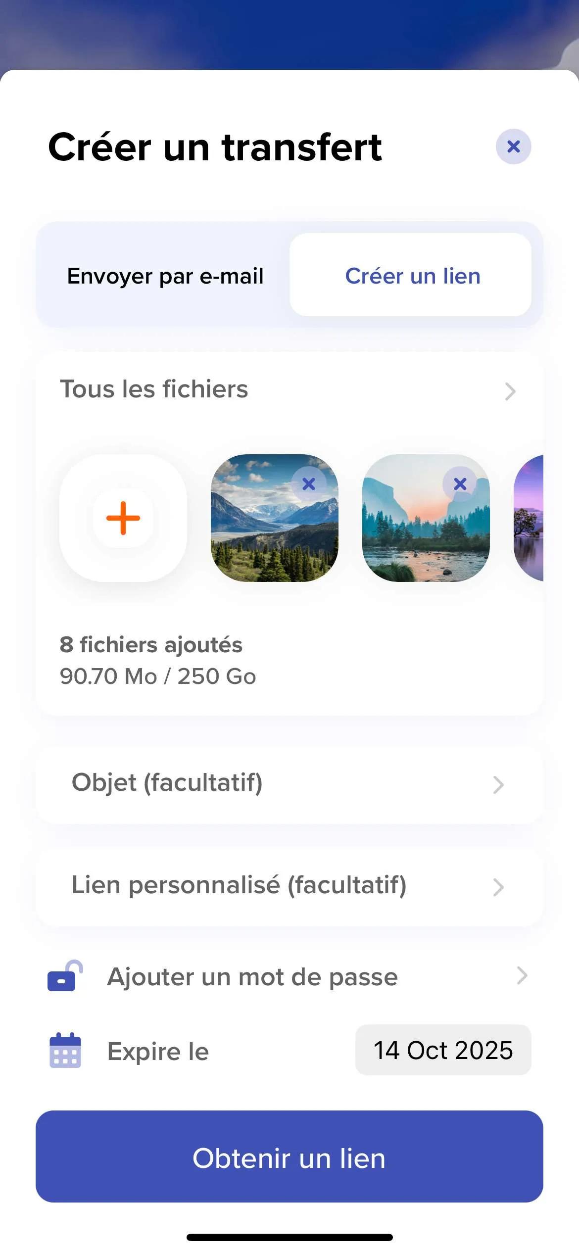 Capture écran de notre app mobile iOS pour créer un transfert par e-mail ou via un lien sécurisé