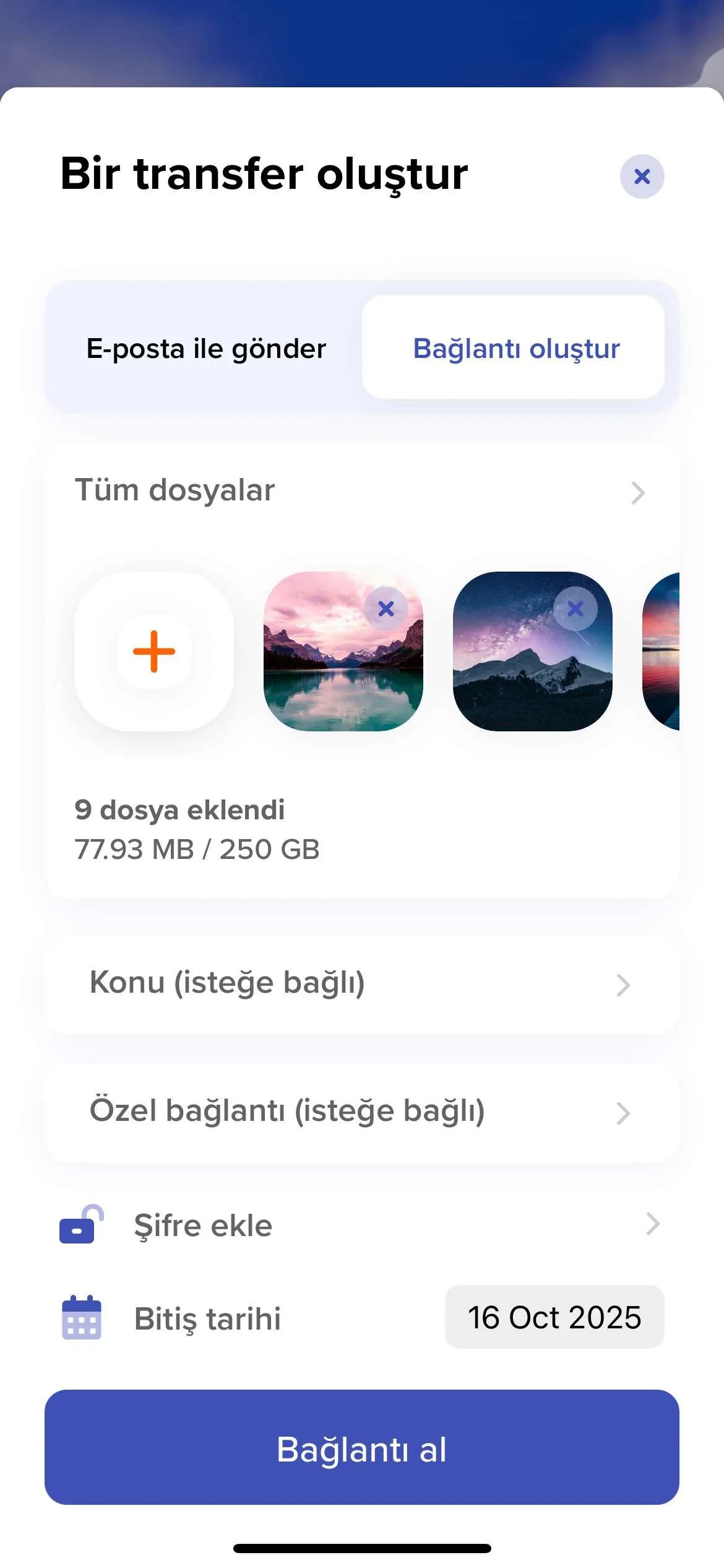E-postayla veya güvenli bir bağlantıyla transfer oluşturmaya yarayan Android mobil uygulamamızın ekran görüntüsü