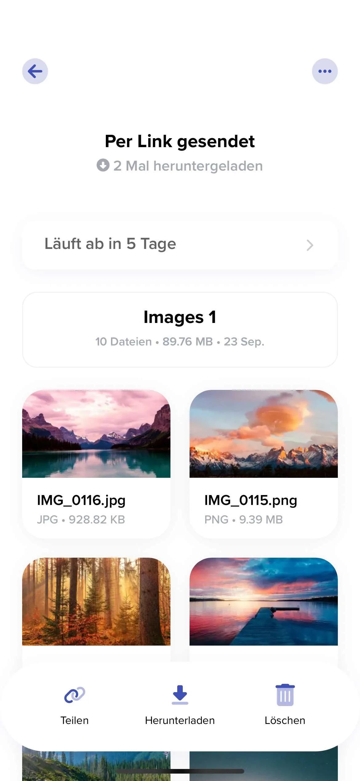Screenshot unserer iOS-App mit dem Verwaltungsbildschirm einer Dateiübertragung