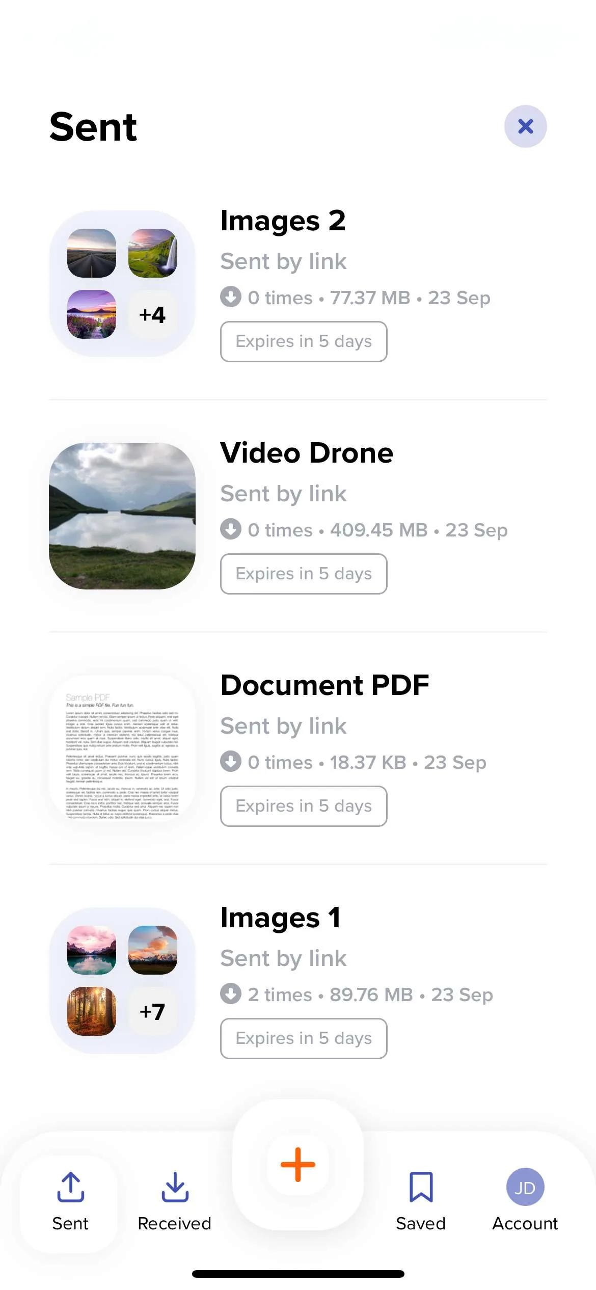 Екранна снимка на нашето мобилно приложение за iOS с историята на изпратените, получените и запазените файлове