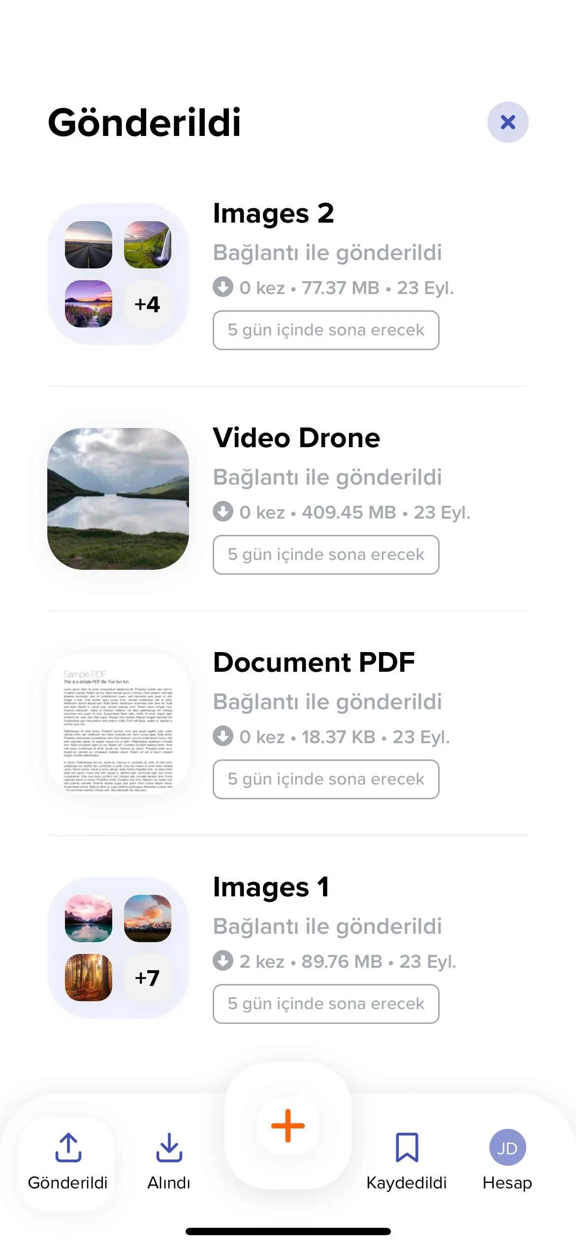 Gönderilen, alınan ve kaydedilen dosyaların geçmişini gösteren Android mobil uygulamamızın ekran görüntüsü
