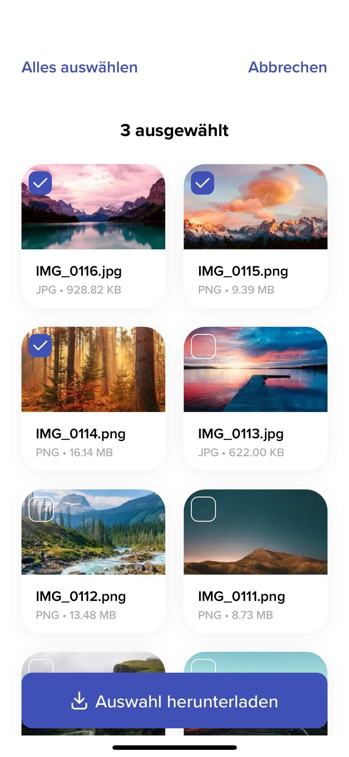 Screenshot unserer iOS-App mit den Details einer Übertragung samt Optionen zum Teilen und Herunterladen