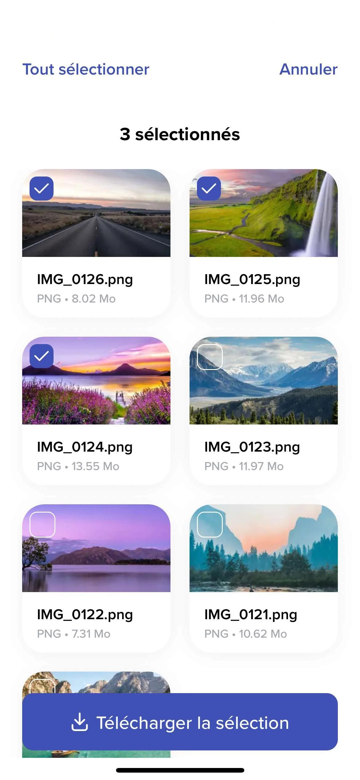 Capture écran de notre app mobile iOS montrant le détail d’un transfert avec options de partage et téléchargement
