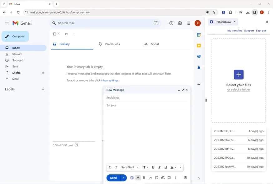 Екранна снимка на нашето разширение за Chrome за избиране и споделяне на файлове с Gmail