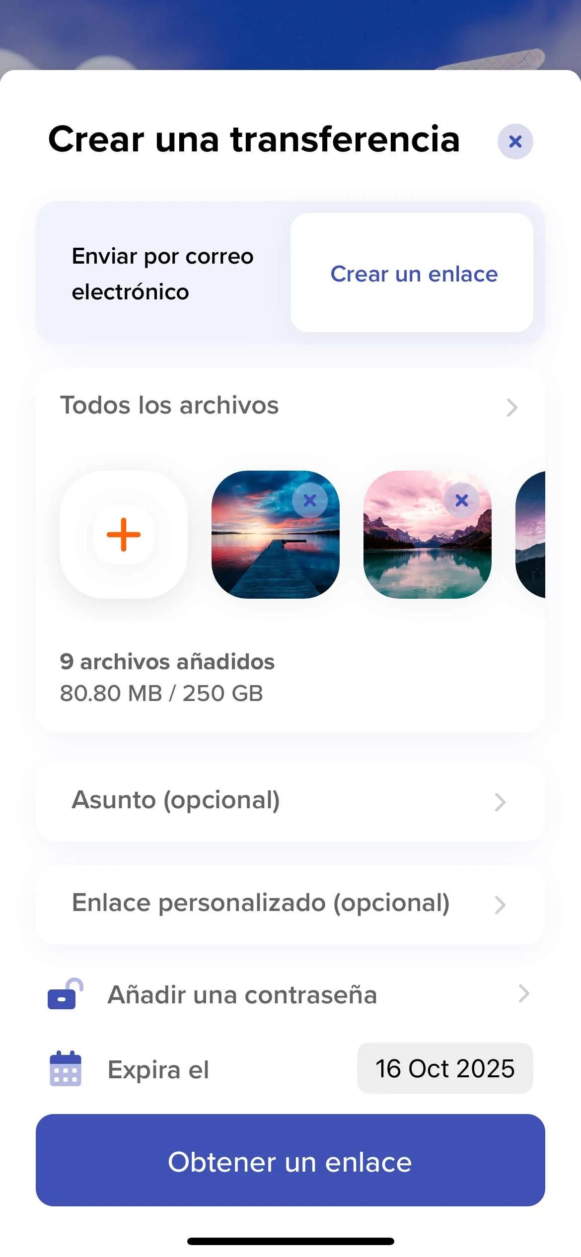 Captura de pantalla de nuestra app móvil Android para crear una transferencia por correo electrónico o mediante un enlace seguro