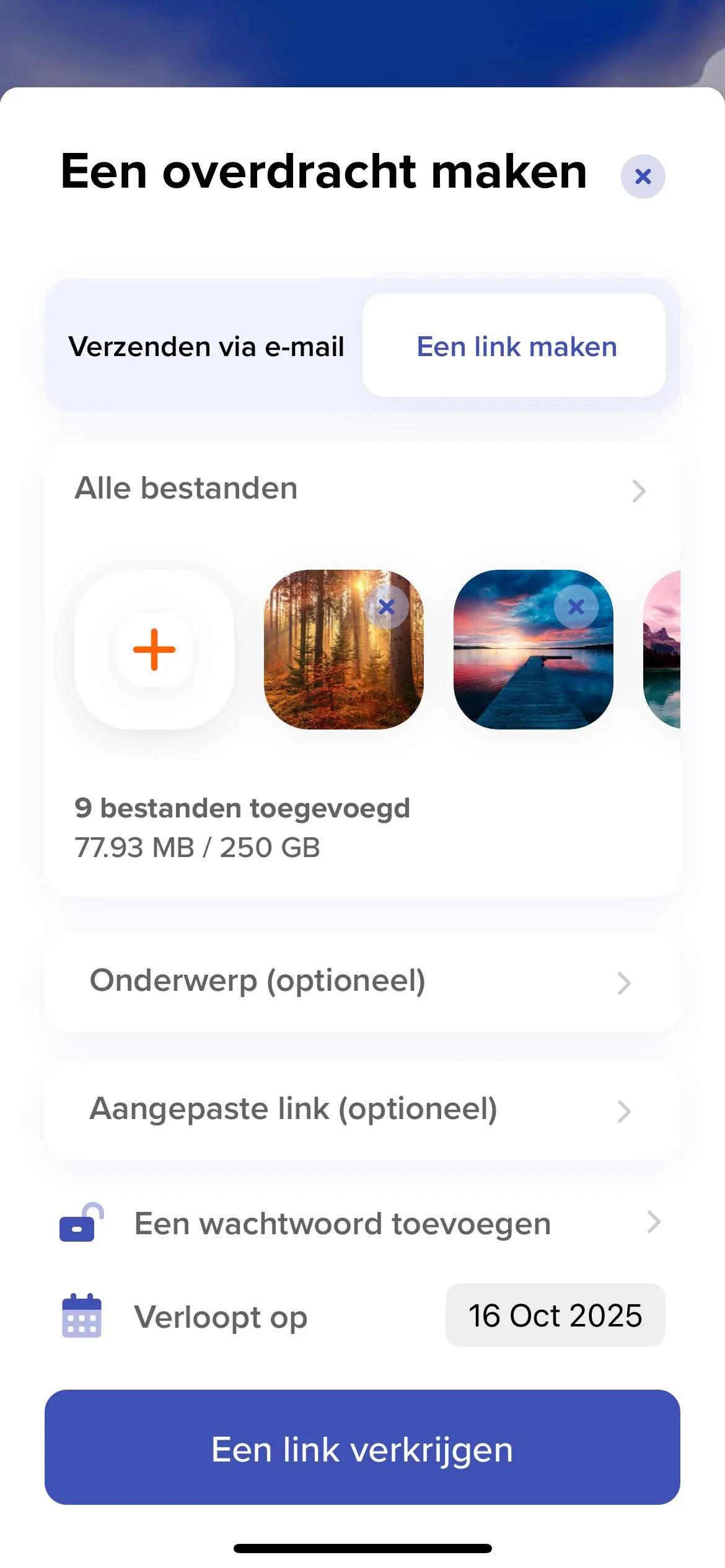 Schermafbeelding van onze mobiele Android-app om een transfer aan te maken per e-mail of via een beveiligde link