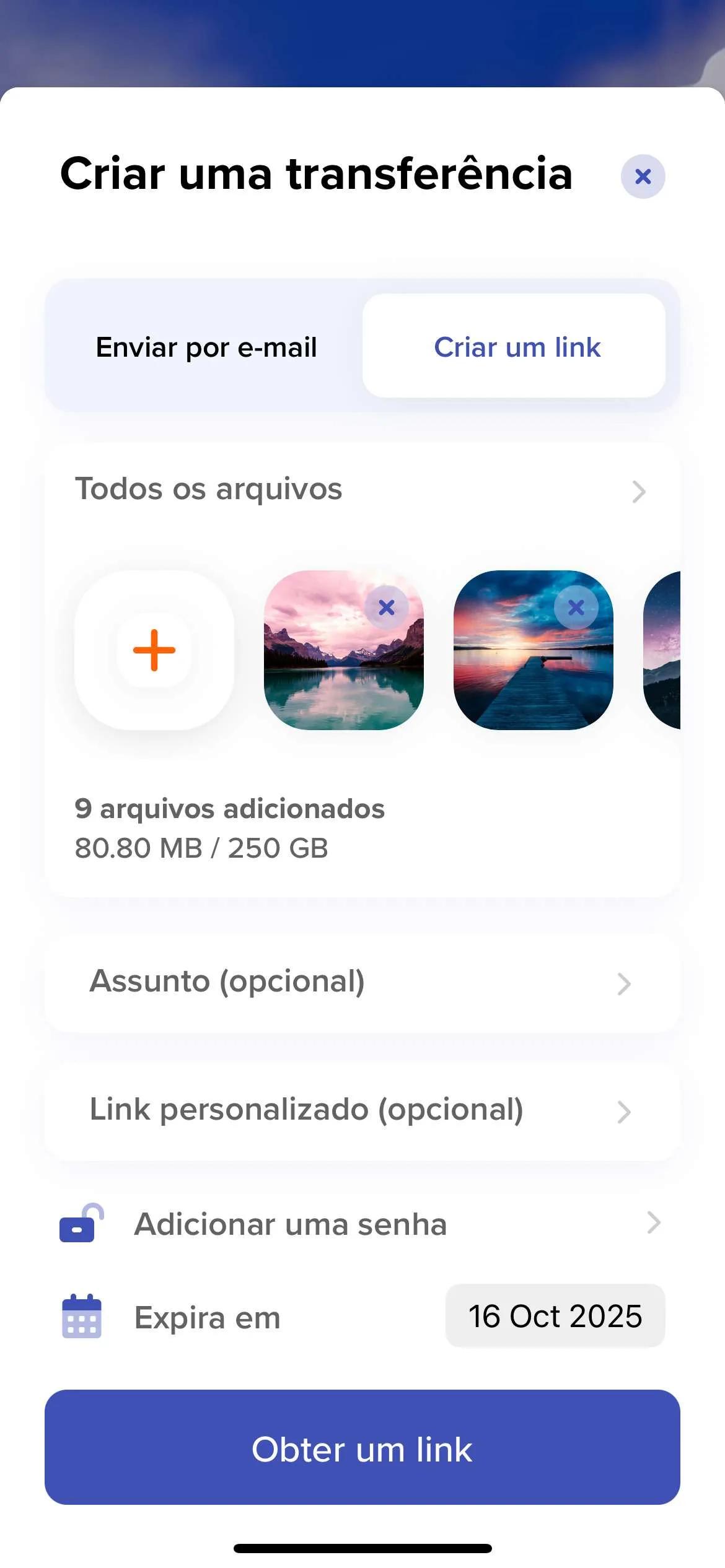 Captura de tela do nosso app Android para criar uma transferência por e-mail ou por link seguro
