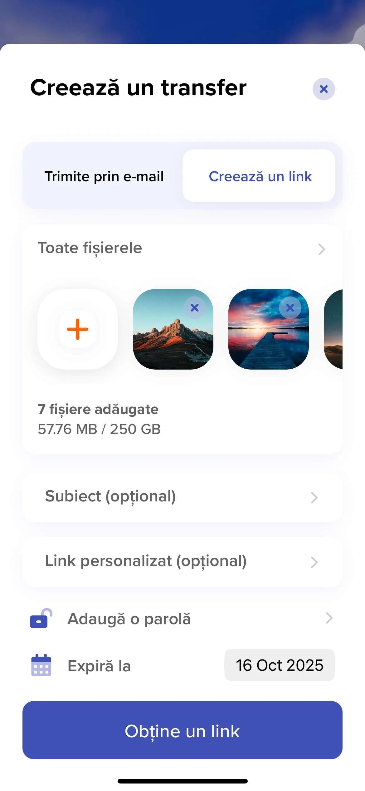 Captură de ecran din aplicația noastră mobilă iOS pentru crearea unui transfer prin e-mail sau printr-un link securizat