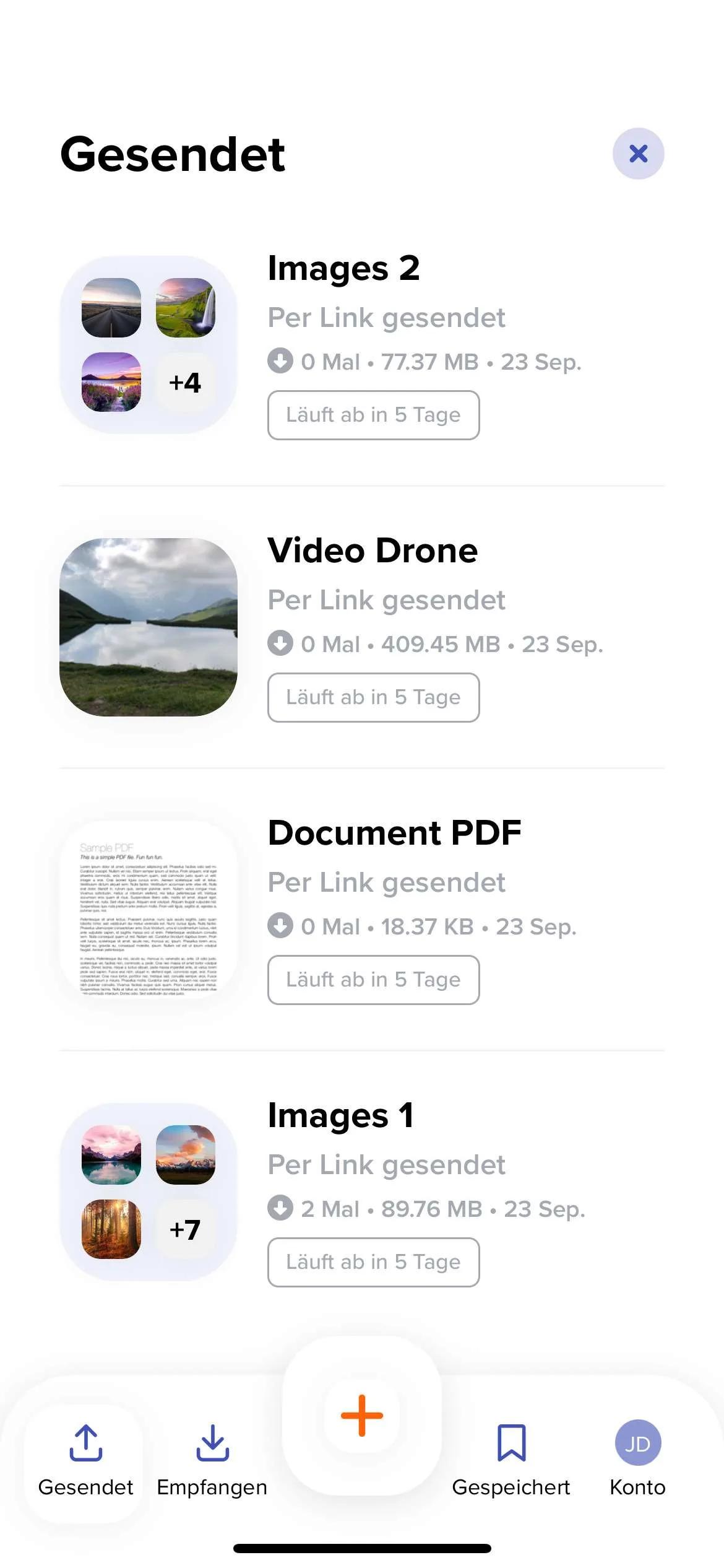 Screenshot unserer Android-App mit dem Verlauf der gesendeten, empfangenen und gespeicherten Dateien