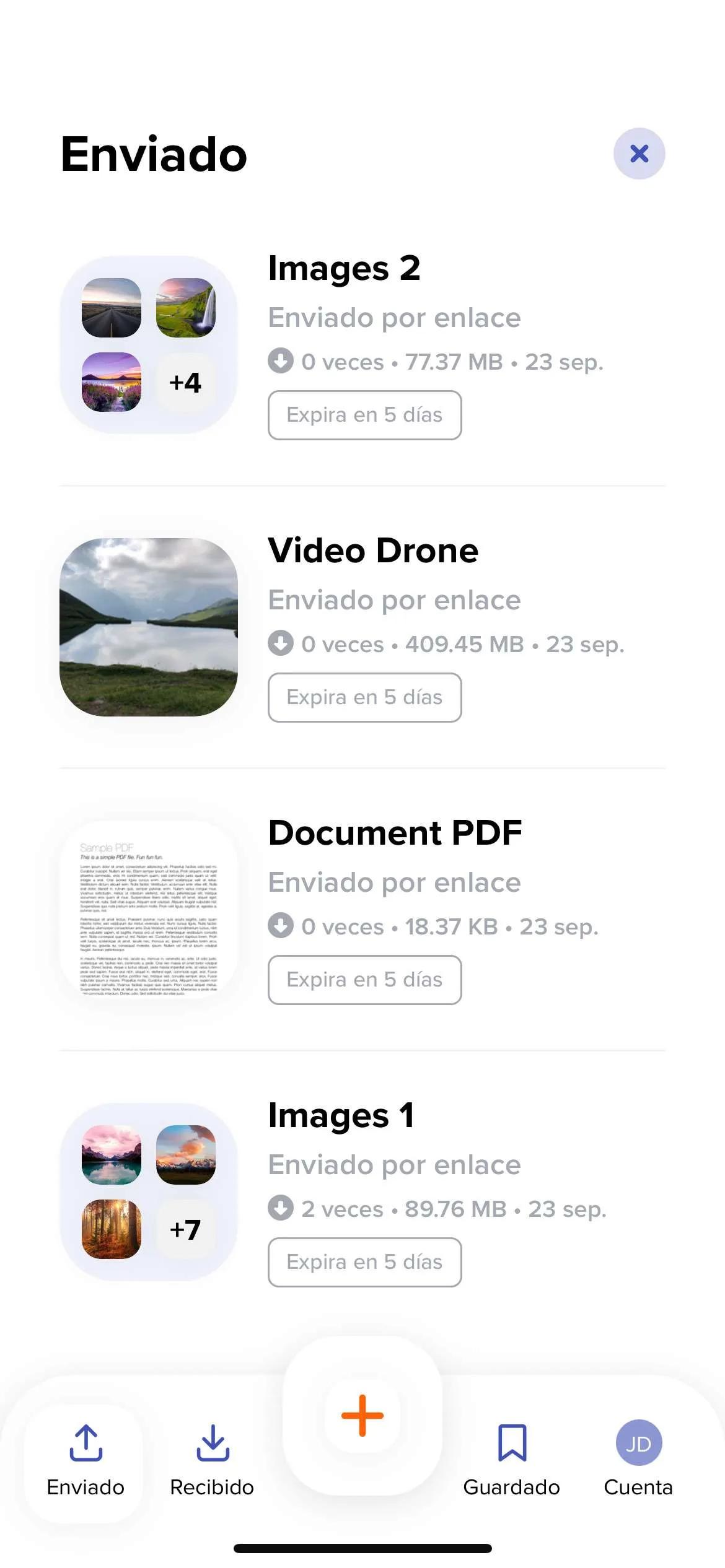 Captura de pantalla de nuestra app móvil Android mostrando el historial de archivos enviados, recibidos y guardados