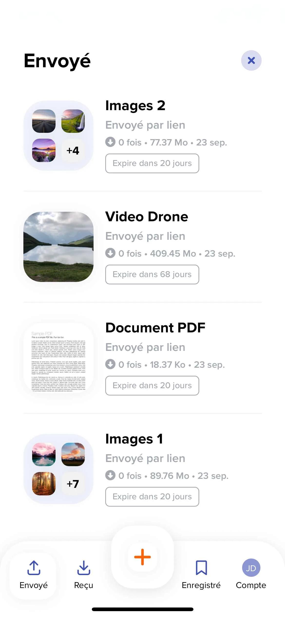 Capture écran de notre app mobile Android affichant l’historique des fichiers envoyés, reçus et sauvegardés