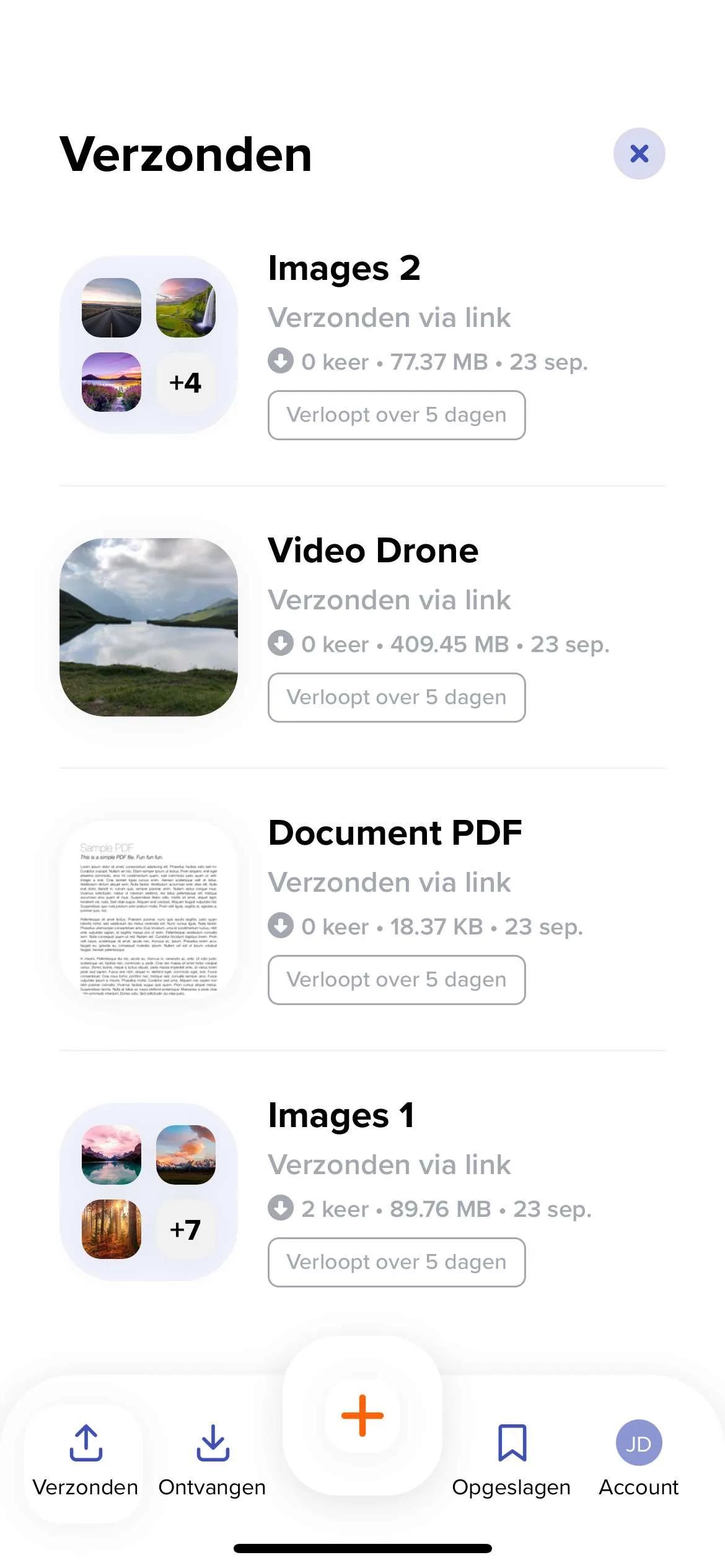 Schermafbeelding van onze mobiele Android-app met de geschiedenis van verzonden, ontvangen en opgeslagen bestanden