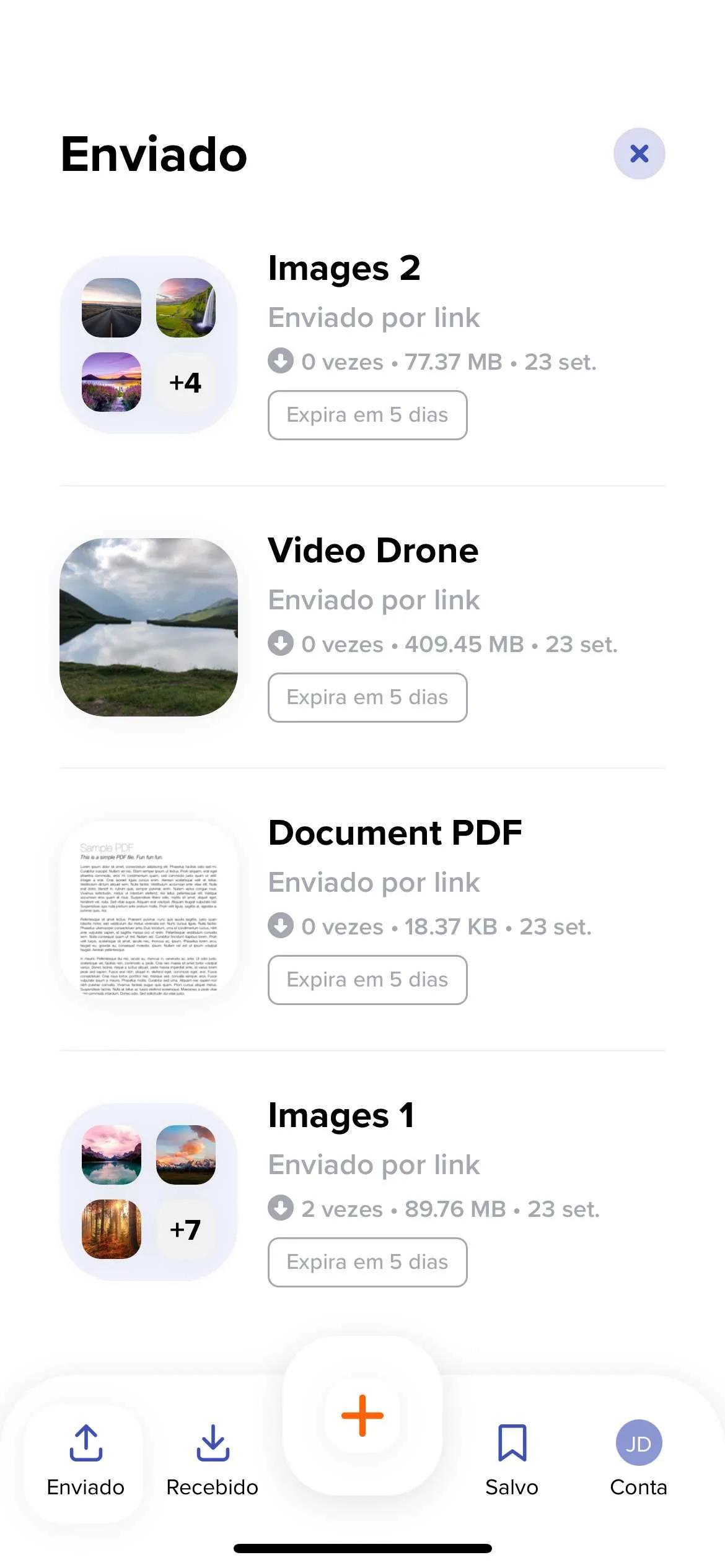 Captura de tela do nosso app Android exibindo o histórico de arquivos enviados, recebidos e salvos